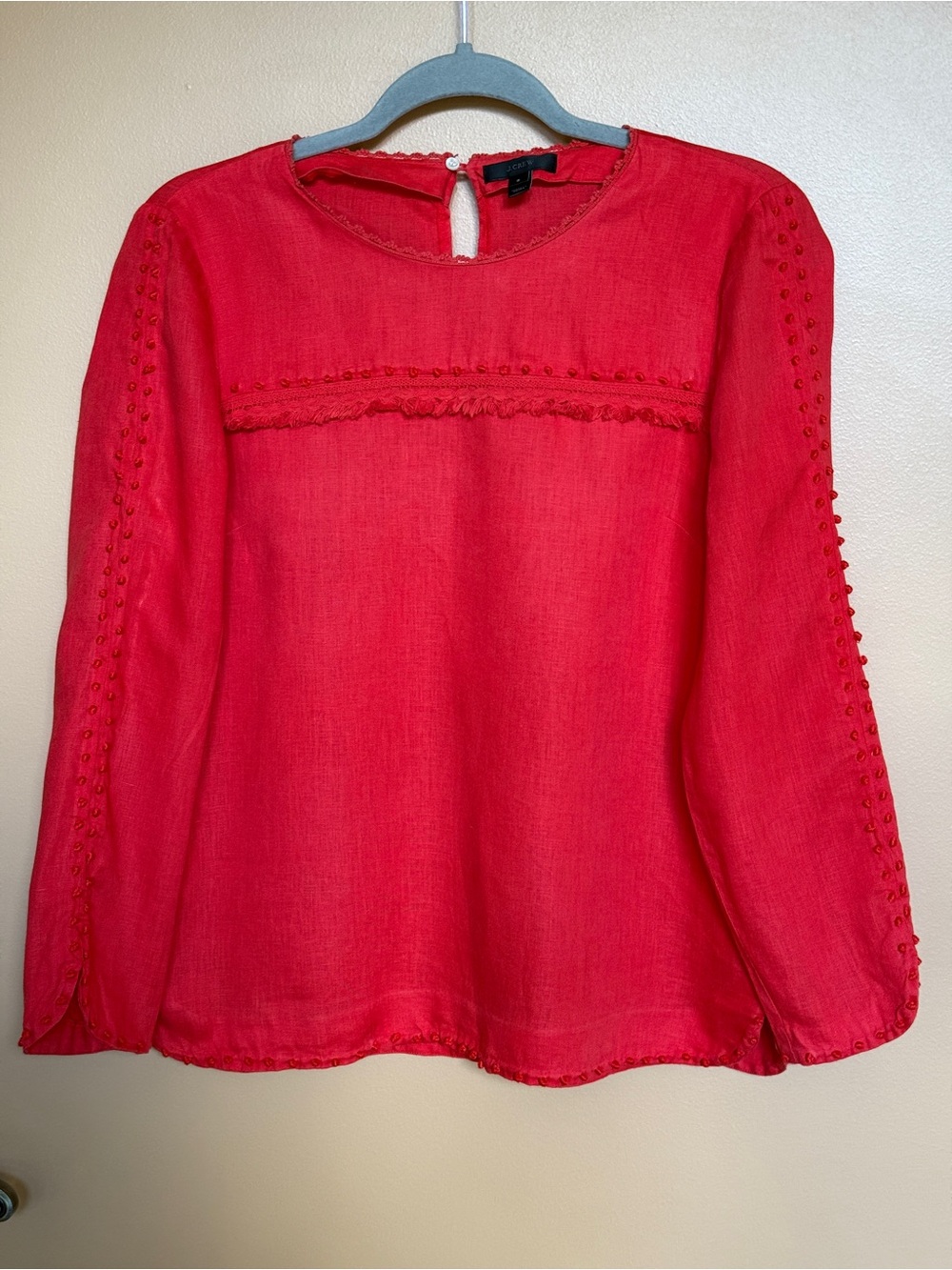 J. Crew Red Long-Sleeve Crochet-Trim Blouse 100% Linen